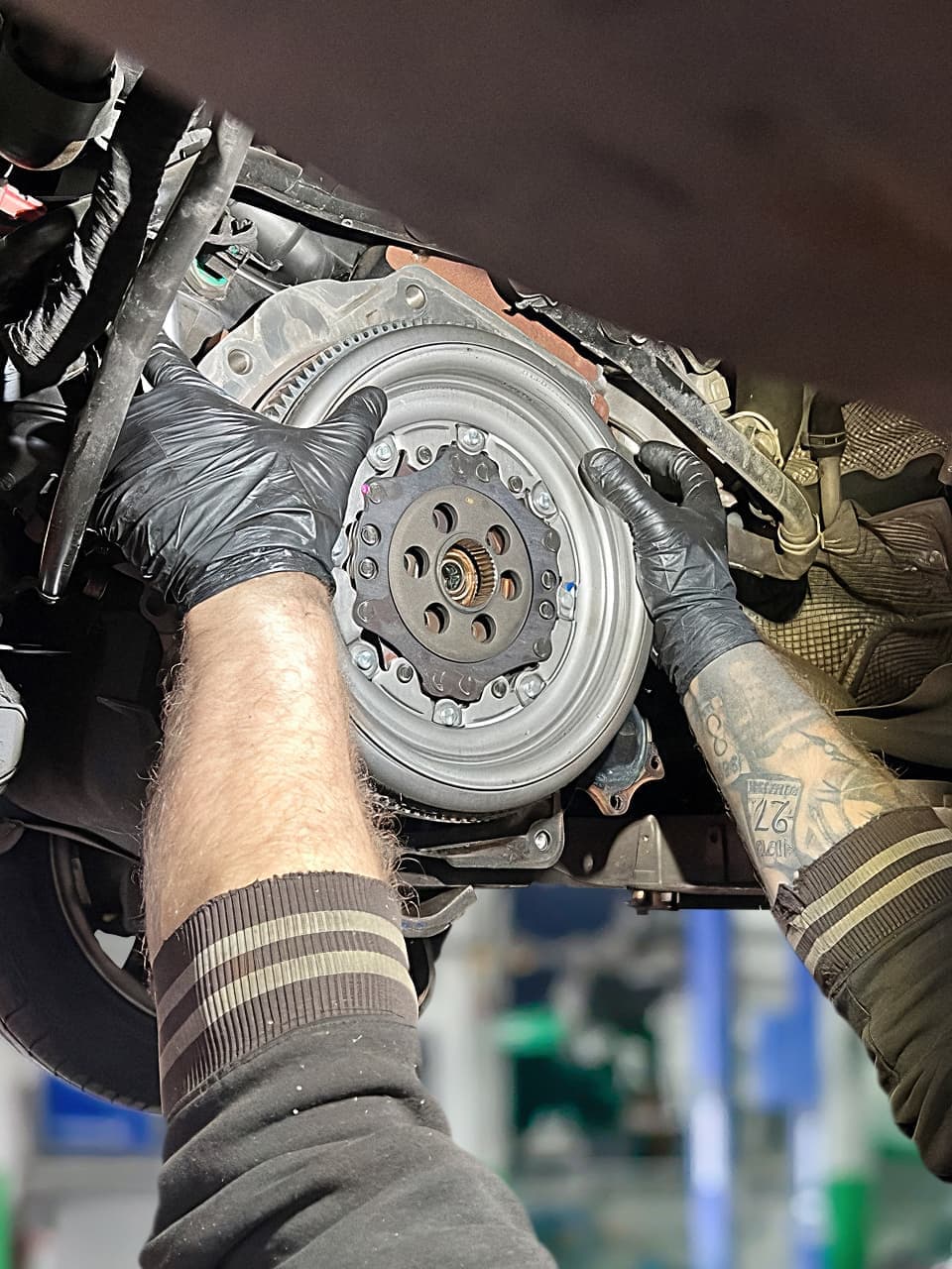 Gearbox components laid out for inspection